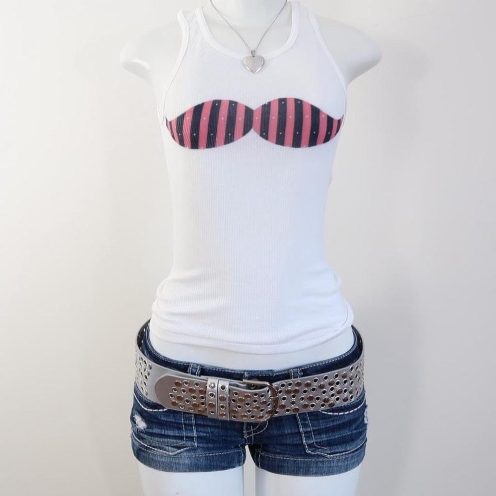 2010s mustache graphic ribbed tank white striped baby tee size XS